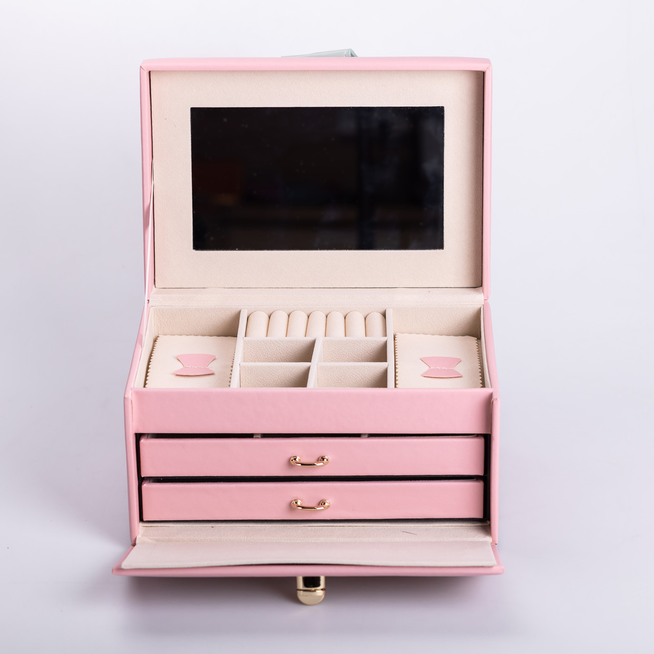 Скринька для прикрас з еко шкіри 3 яруси з дзеркалом органайзер для ювелірних виробів