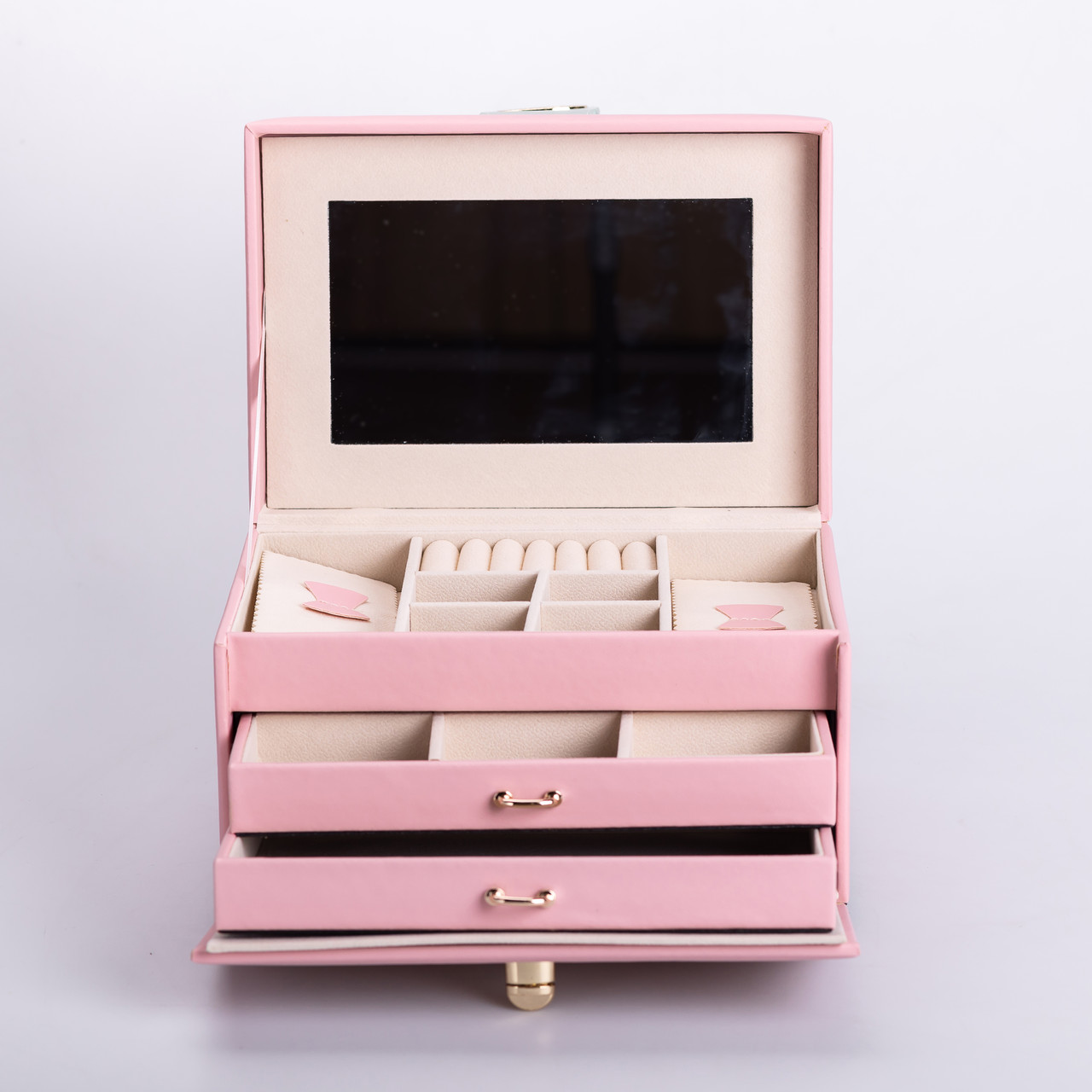 Скринька для прикрас з еко шкіри 3 яруси з дзеркалом органайзер для ювелірних виробів