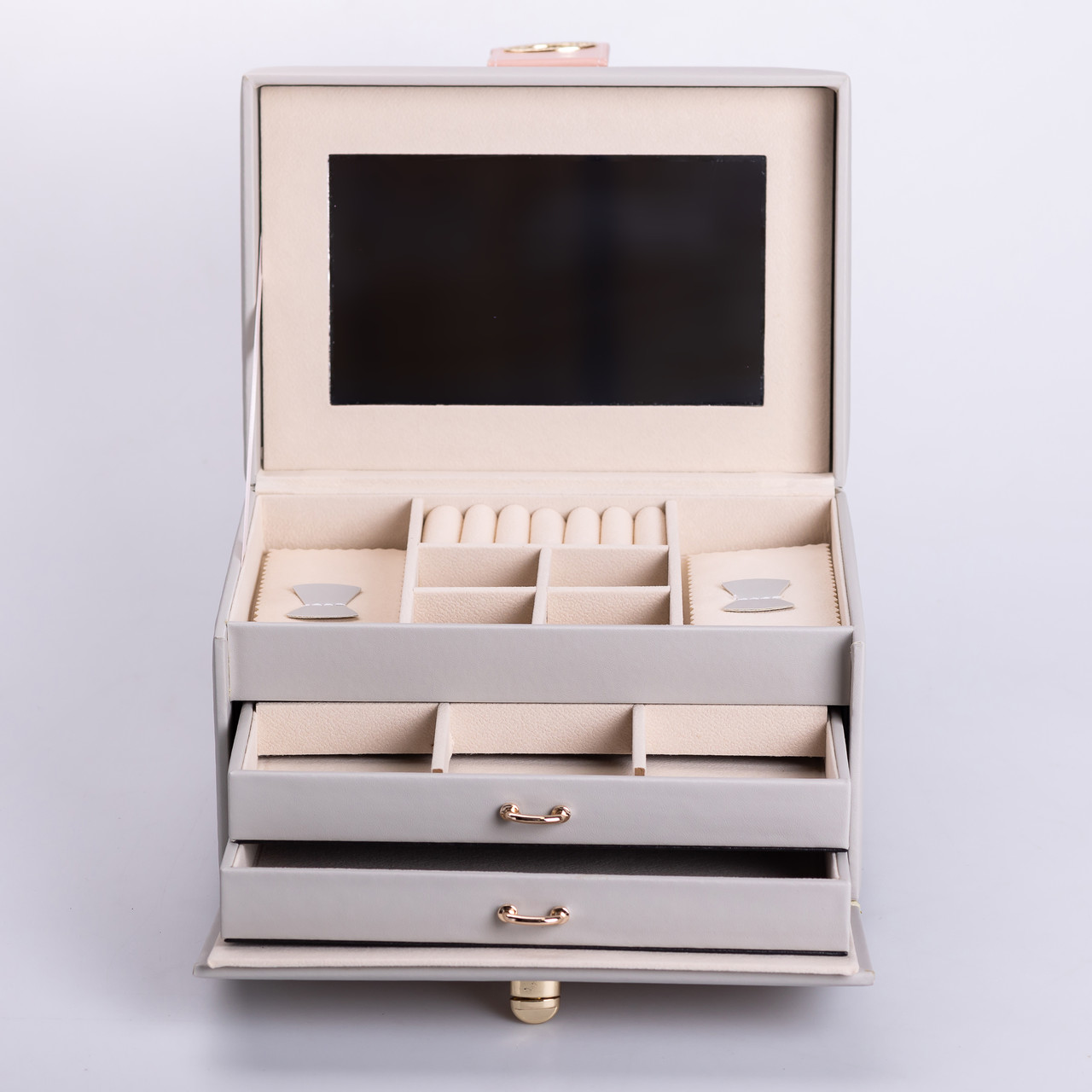 Скринька для прикрас з еко шкіри 3 яруси з дзеркалом органайзер для ювелірних виробів