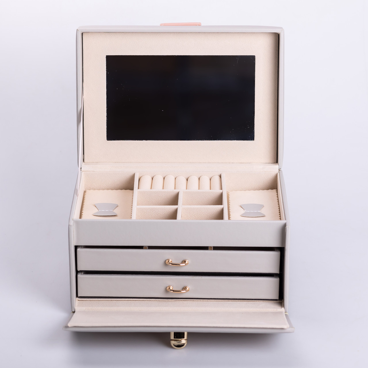 Скринька для прикрас з еко шкіри 3 яруси з дзеркалом органайзер для ювелірних виробів