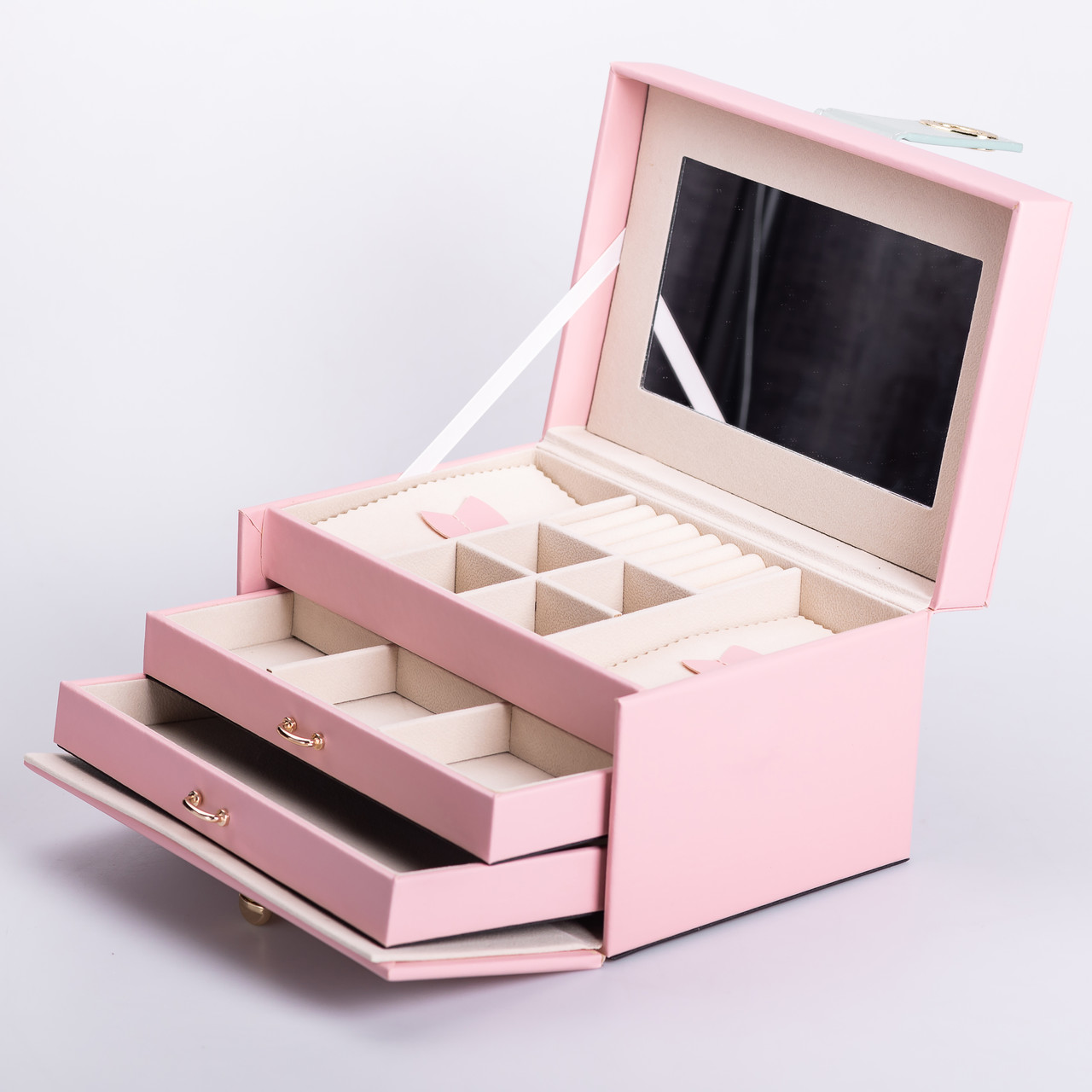 Скринька для прикрас з еко шкіри 3 яруси з дзеркалом органайзер для ювелірних виробів