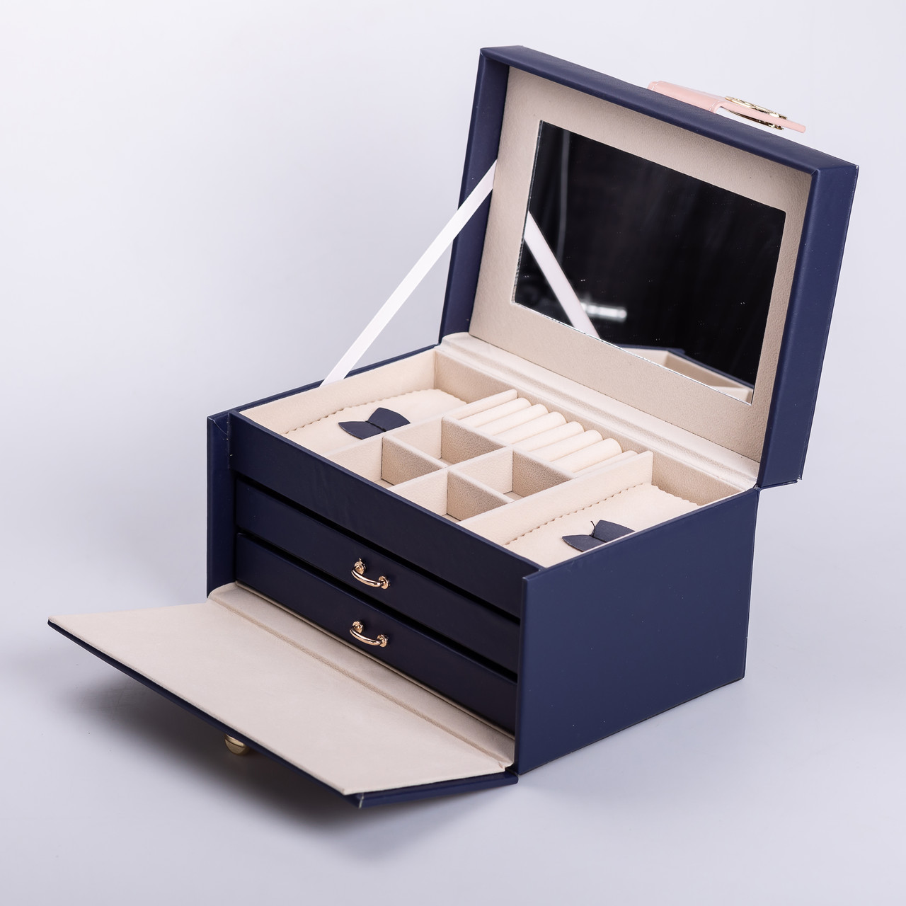 Скринька для прикрас з еко шкіри 3 яруси з дзеркалом органайзер для ювелірних виробів