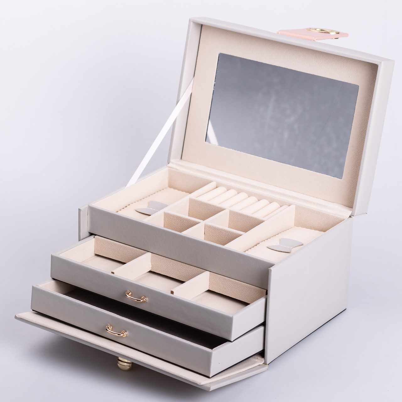 Скринька для прикрас з еко шкіри 3 яруси з дзеркалом органайзер для ювелірних виробів