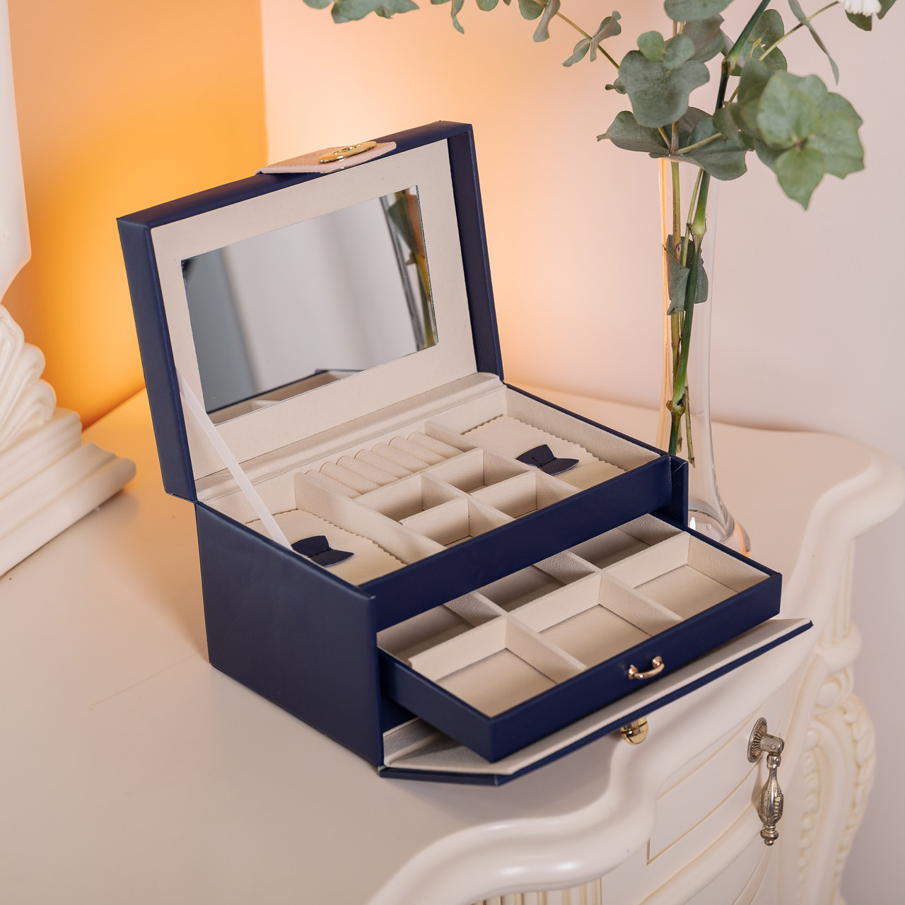 Скринька для прикрас з еко шкіри 3 яруси з дзеркалом органайзер для ювелірних виробів