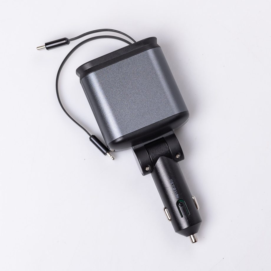 Автомобільний зарядний пристрій LED-проекція, зі швидкою зарядкою і висувними кабелями Apple Lightning/USB-С