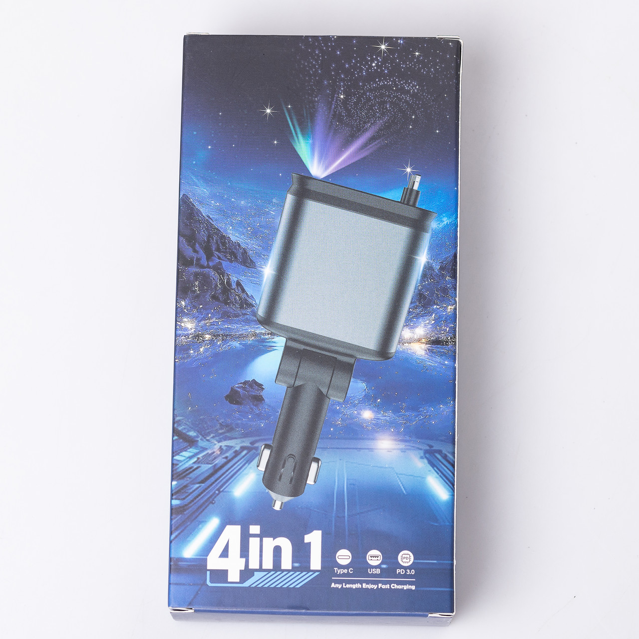 Автомобільний зарядний пристрій LED-проекція, зі швидкою зарядкою і висувними кабелями Apple Lightning/USB-С