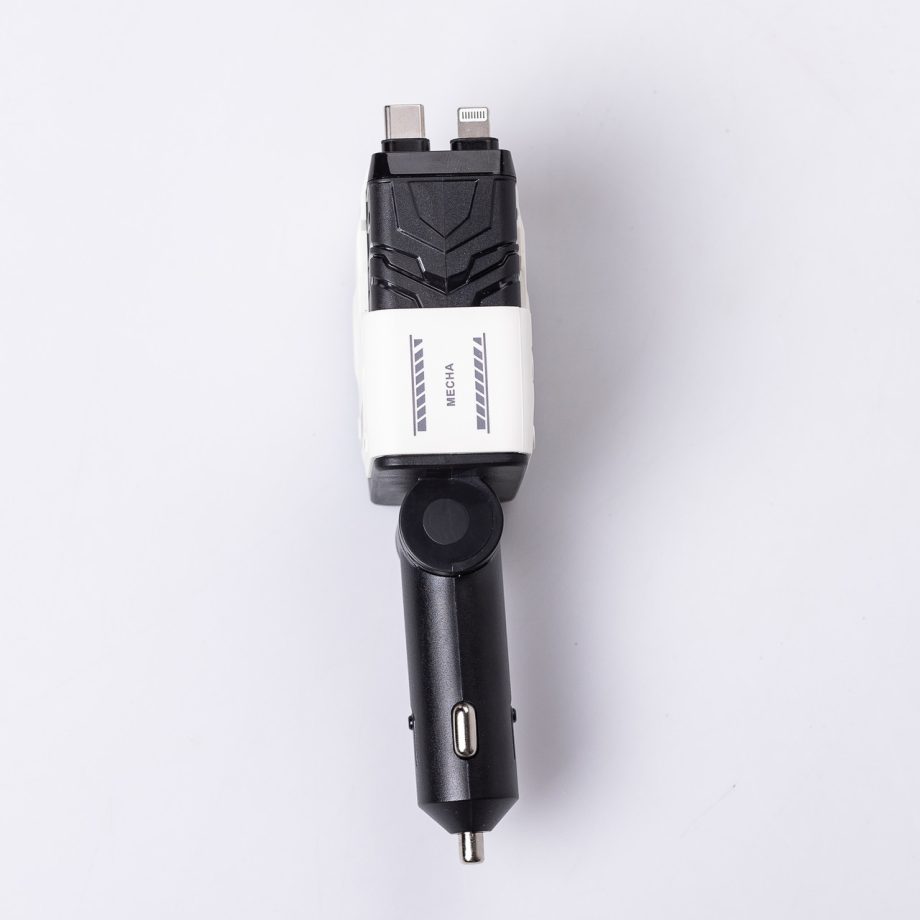 Автомобільний зарядний пристрій MECHA з висувними кабелями та портами USB/Type-C Білий