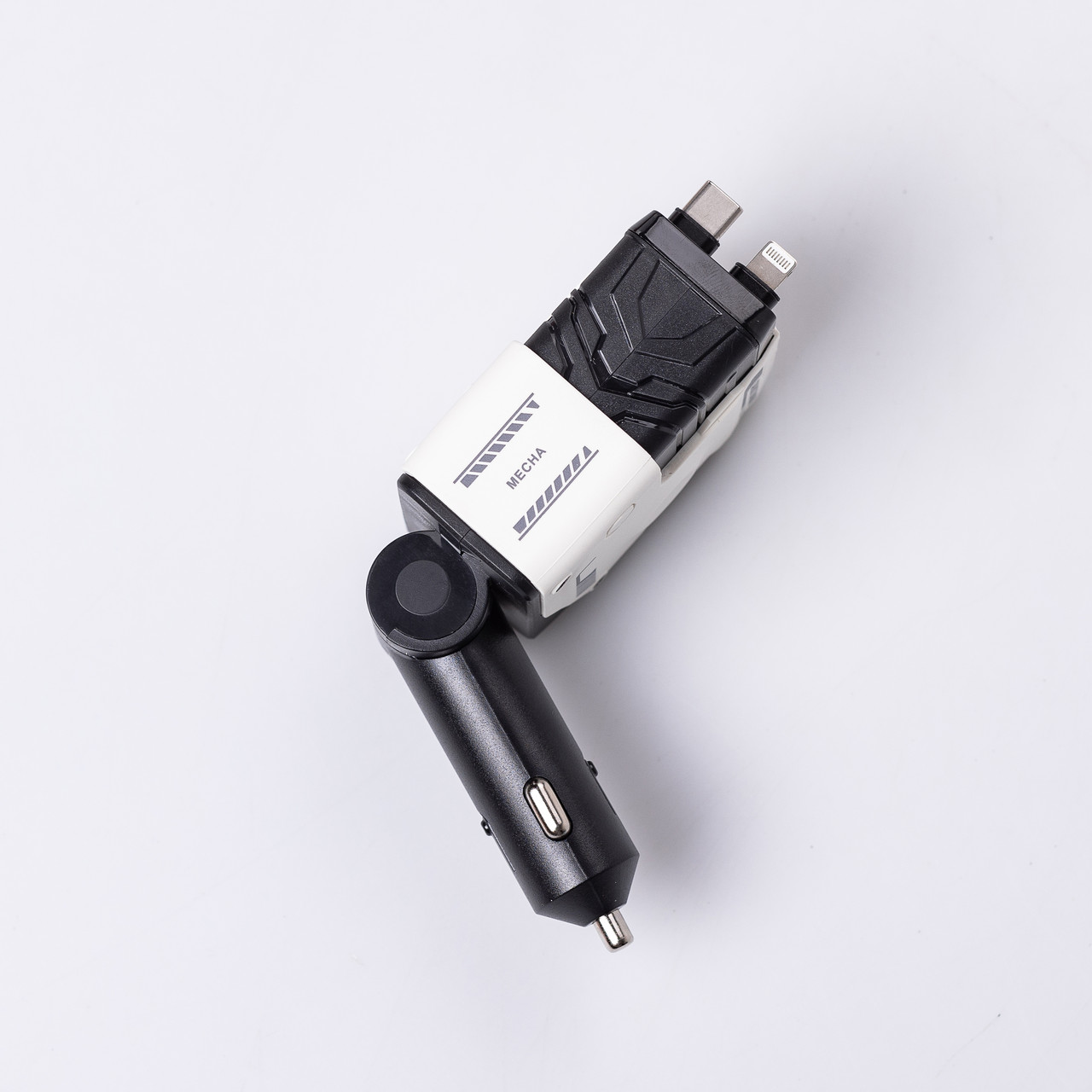 Автомобільний зарядний пристрій MECHA з висувними кабелями та портами USB/Type-C Білий