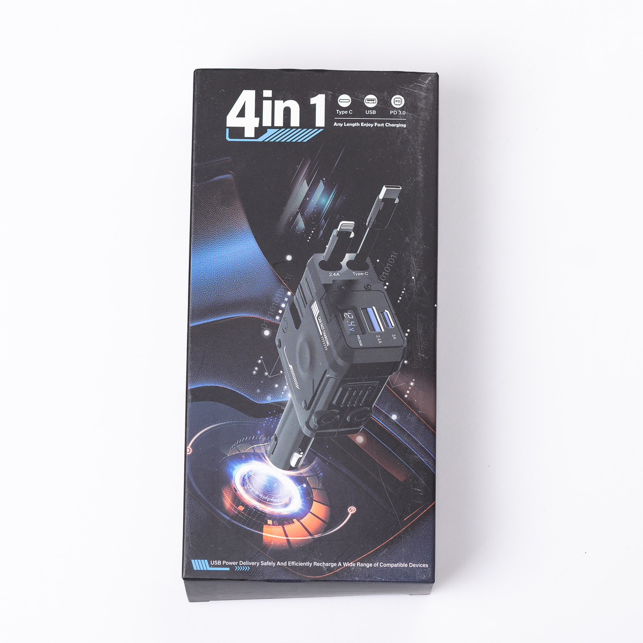 Автомобільний зарядний пристрій MECHA з висувними кабелями та портами USB/Type-C Білий