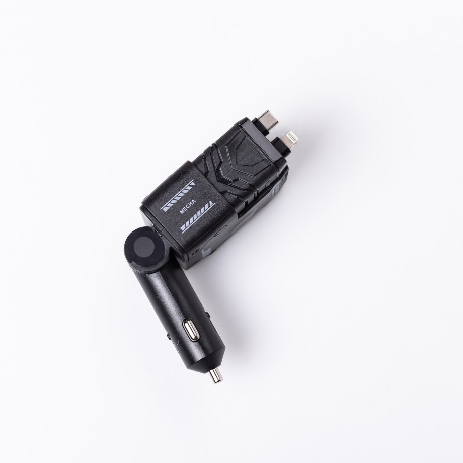 Автомобільний зарядний пристрій MECHA з висувними кабелями та портами USB/Type-C Чорний