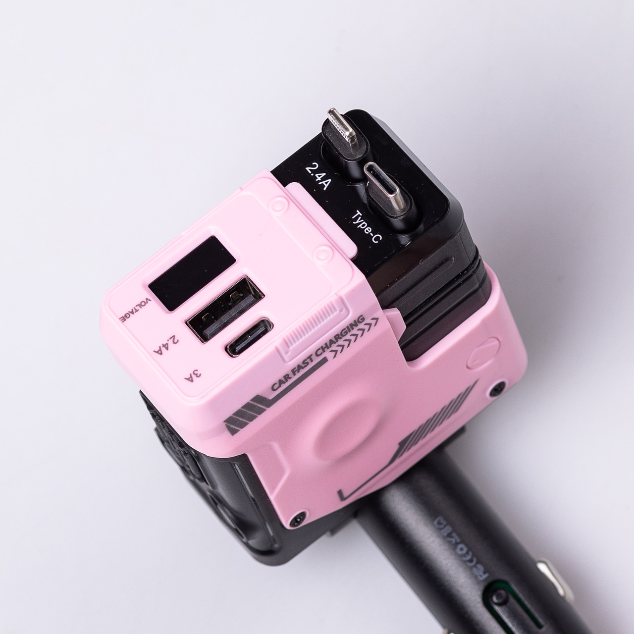 Автомобільний зарядний пристрій MECHA з висувними кабелями та портами USB/Type-C Рожевий