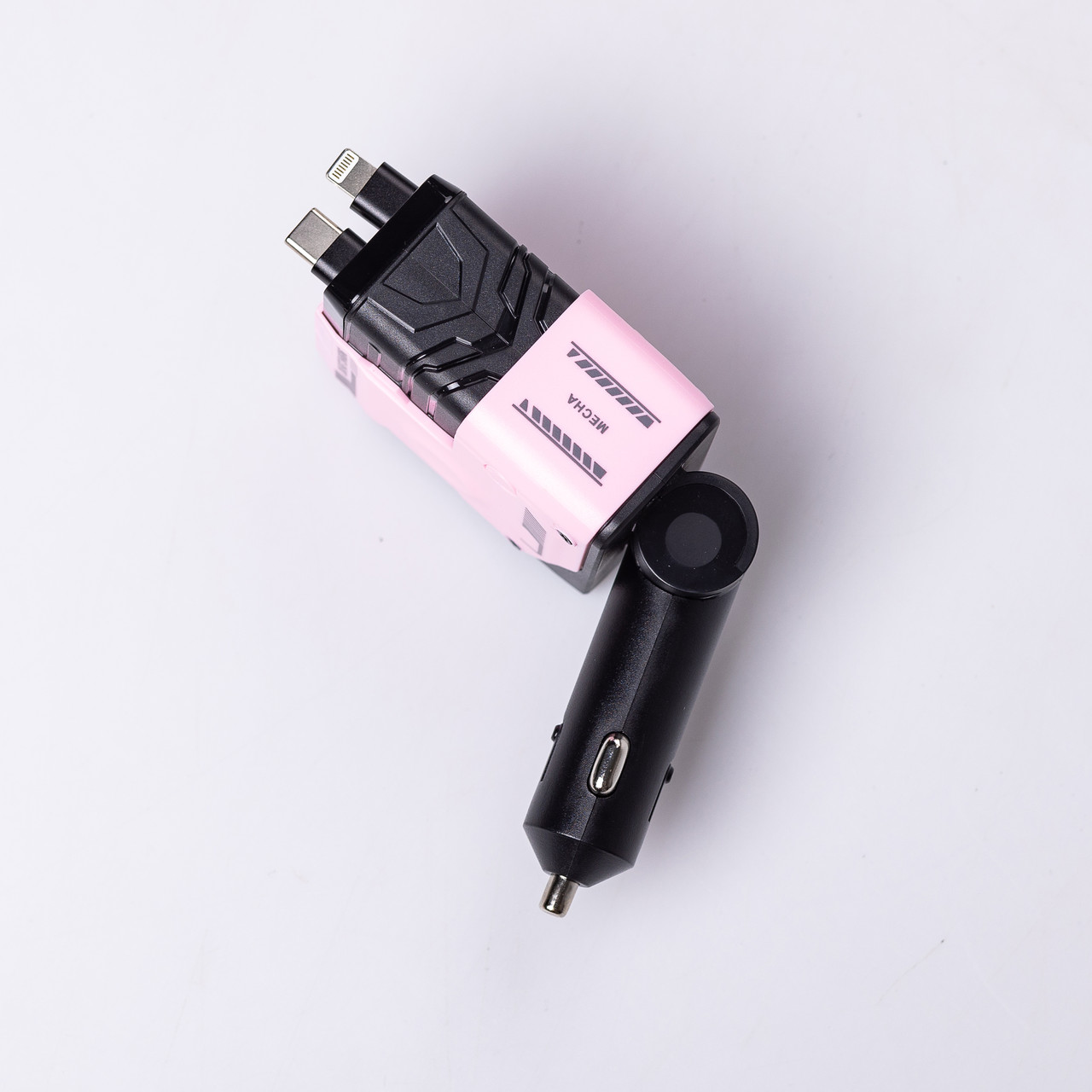 Автомобільний зарядний пристрій MECHA з висувними кабелями та портами USB/Type-C Рожевий