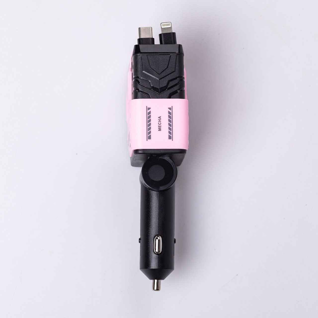 Автомобільний зарядний пристрій MECHA з висувними кабелями та портами USB/Type-C Рожевий