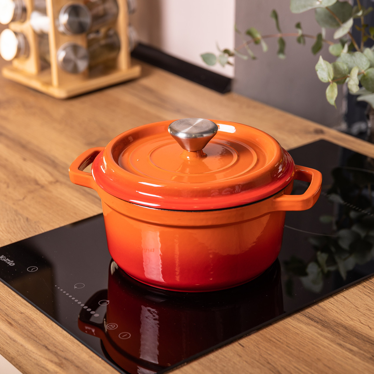 Каструля чавунна емальована 2 л з кришкою Ø20 см Помаранчева