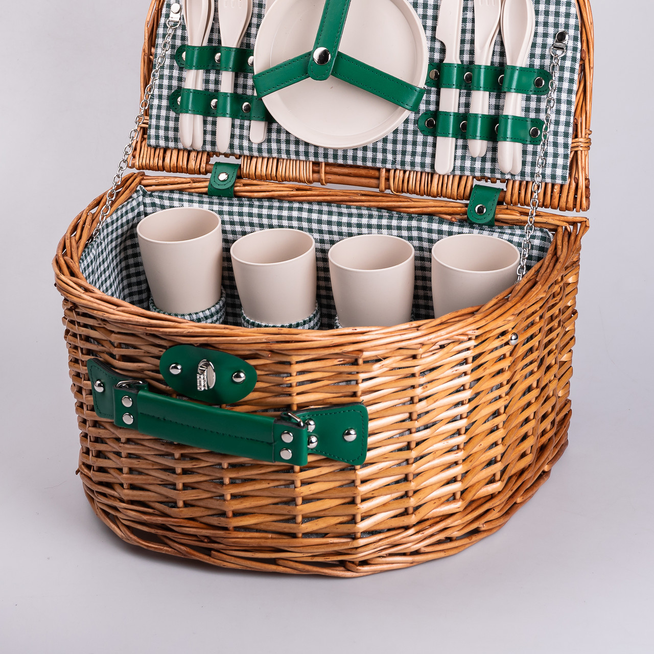 Кошик плетений для пікніка з посудом на 4 персони 41х31х22 см набір посуду туристичний для кемпінгу