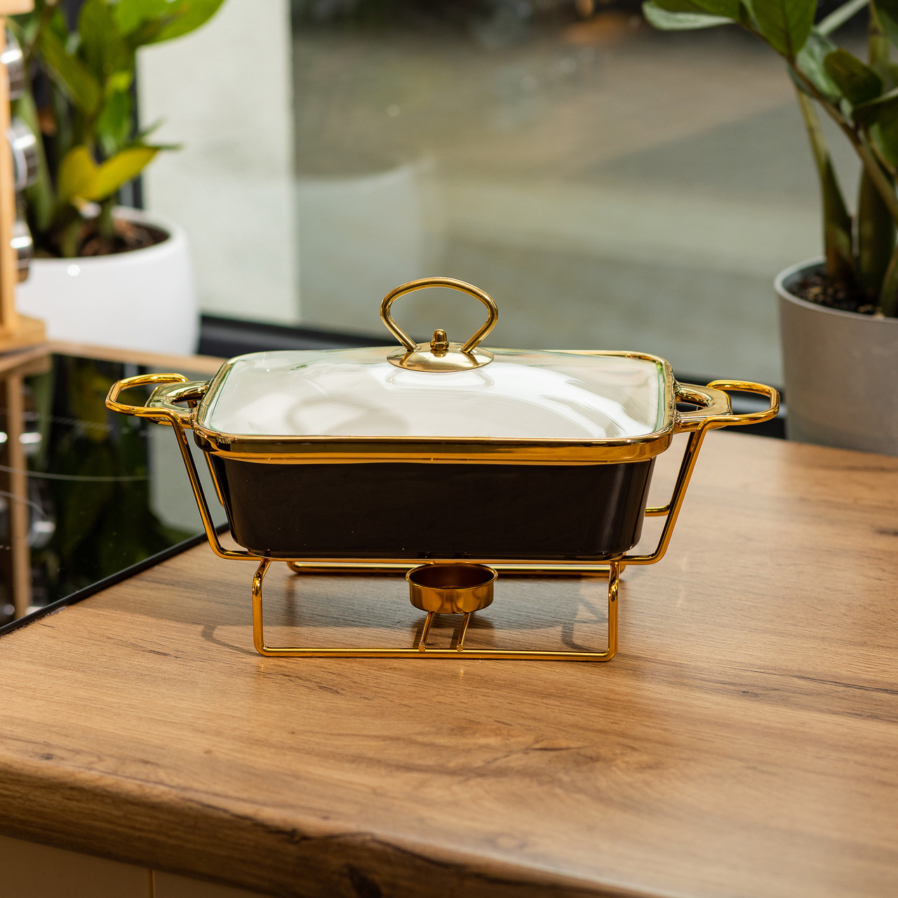 Марміт керамічний із скляною кришкою 31х16х15.5 см на металевій підставці 1 л Чорний