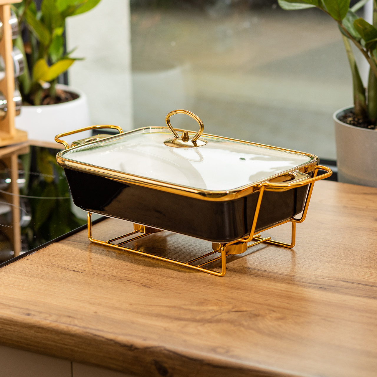 Марміт керамічний із скляною кришкою 35.5х19х15.5 см на металевій підставці 1,5 л