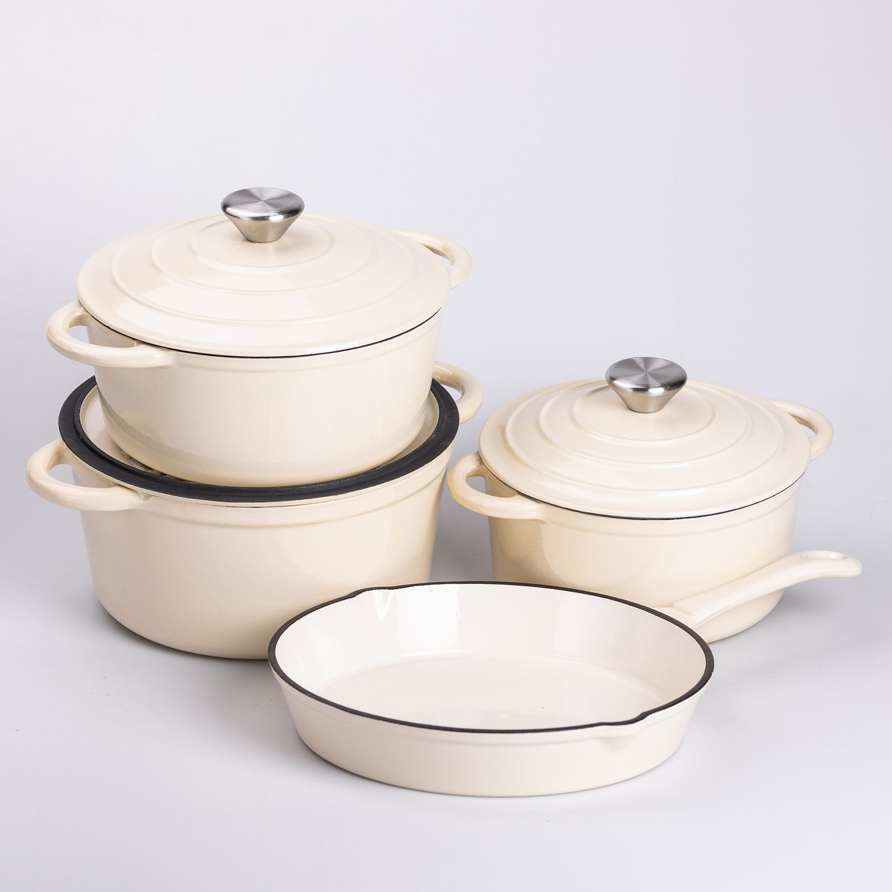 Набір чавунного посуду для приготування 3 каструлі та сковорода з емальованим покриттям Бежевий