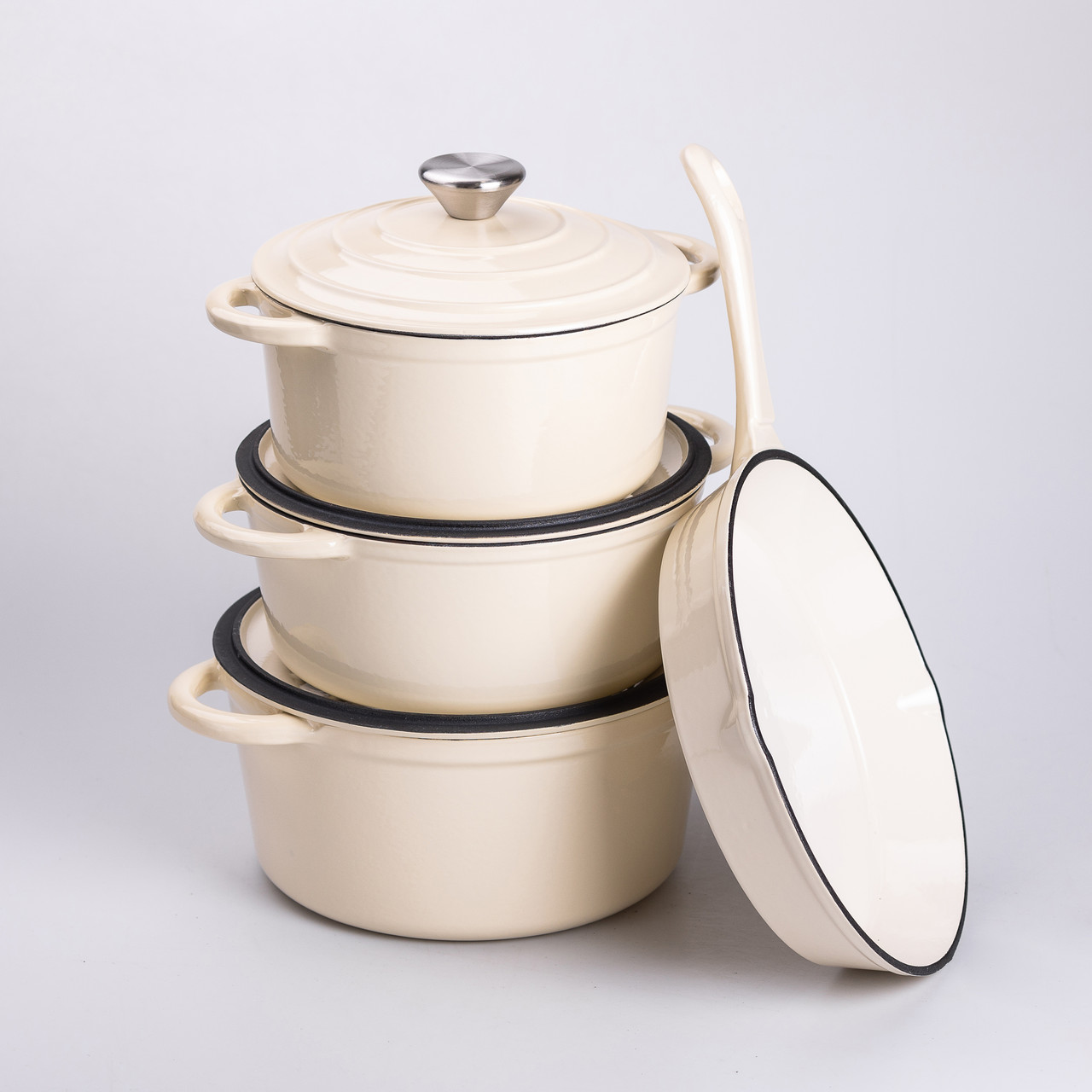 Набір чавунного посуду для приготування 3 каструлі та сковорода з емальованим покриттям Бежевий