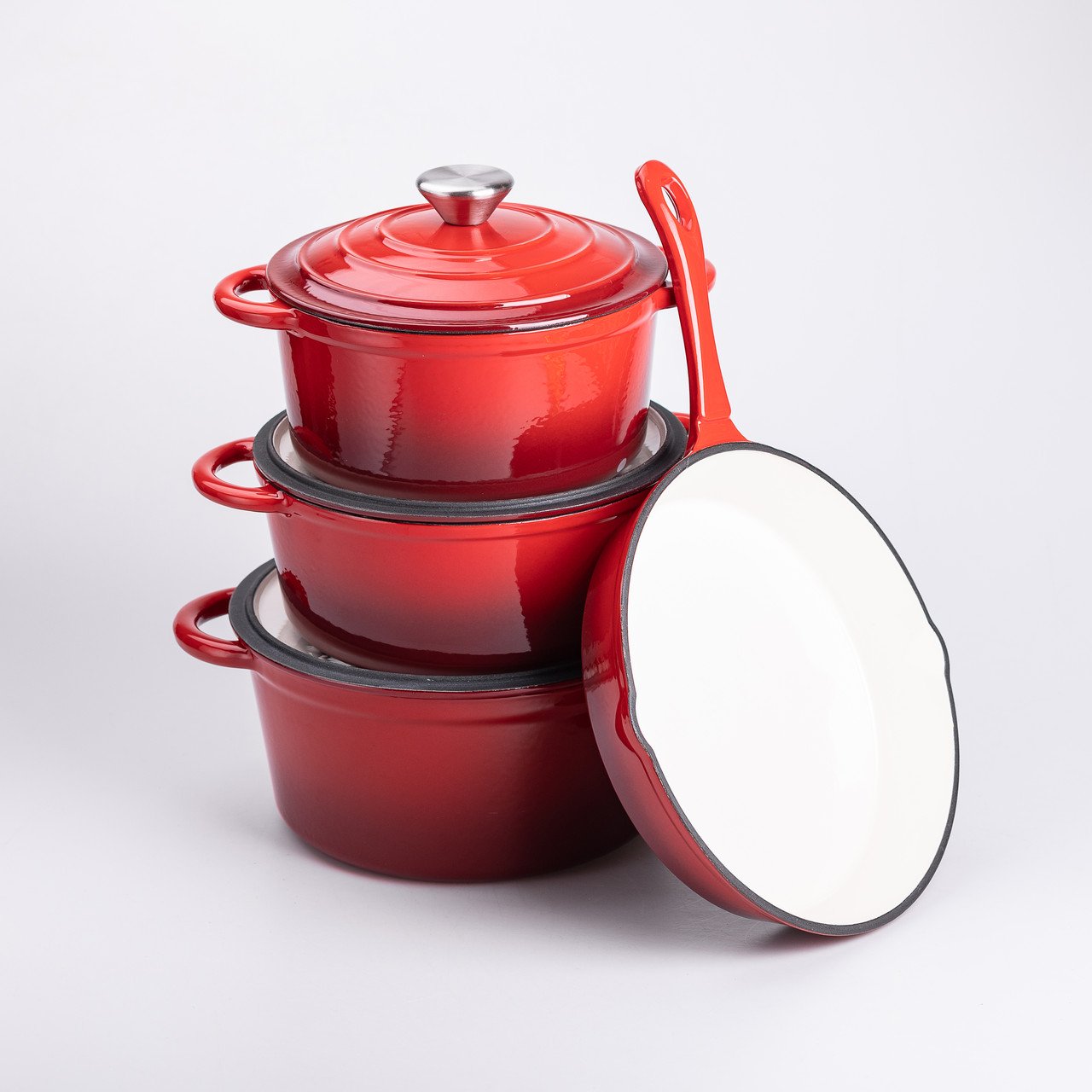 Набір чавунного посуду для приготування 3 каструлі та сковорода з емальованим покриттям Червоний
