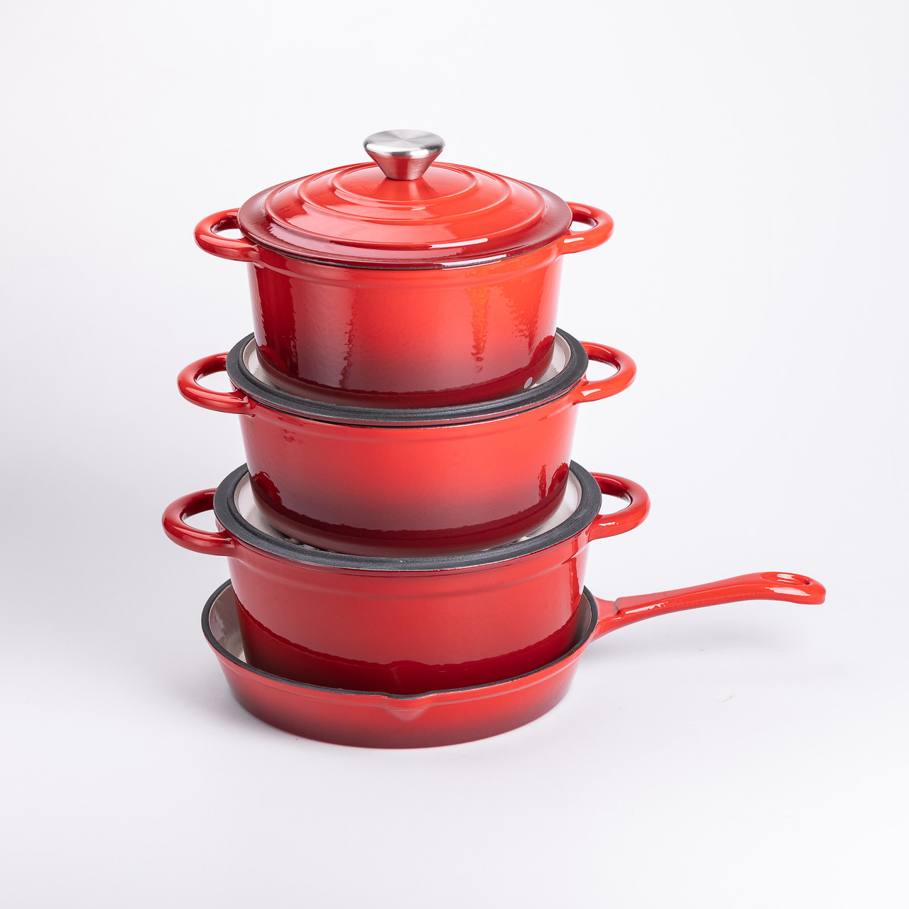 Набір чавунного посуду для приготування 3 каструлі та сковорода з емальованим покриттям Червоний