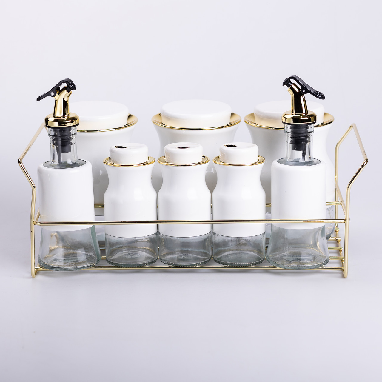 Набір для спецій на підставці з пляшками для олії та оцту 8 предметів Білий