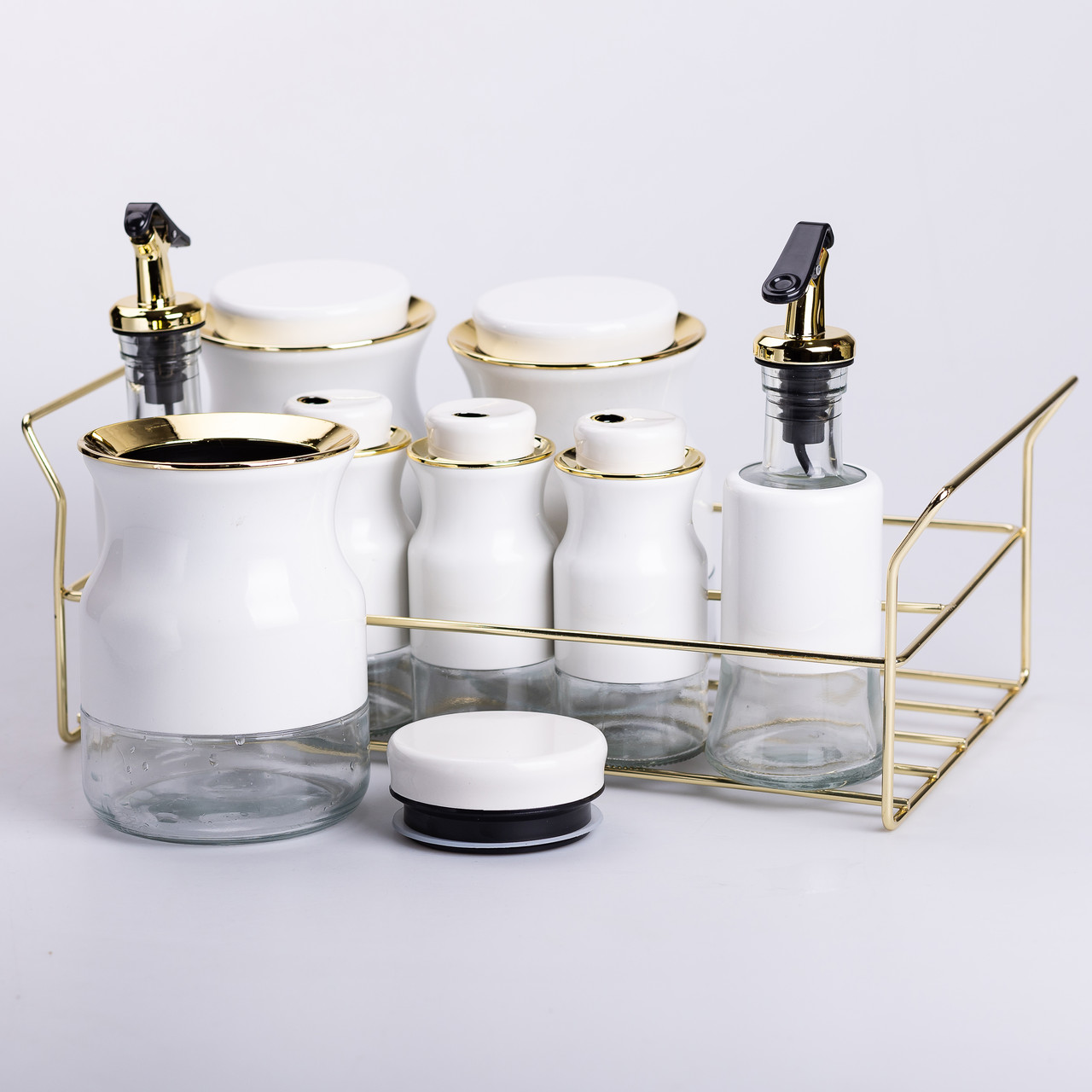 Набір для спецій на підставці з пляшками для олії та оцту 8 предметів Білий