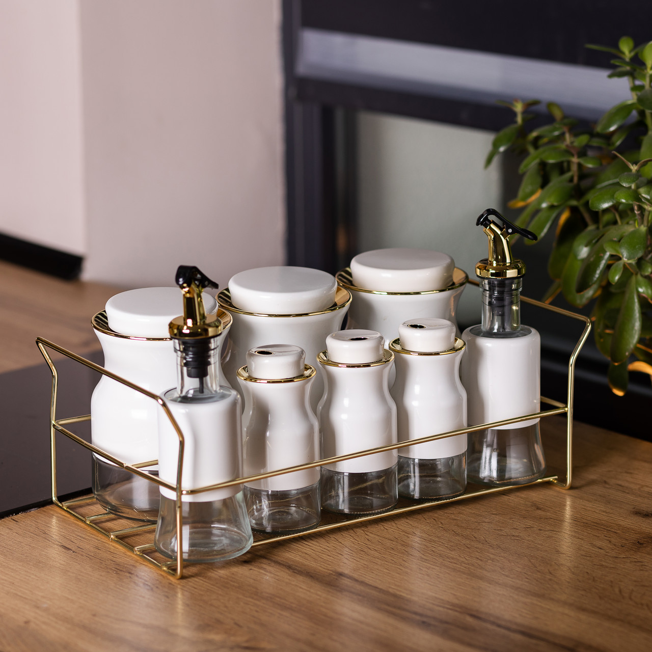 Набір для спецій на підставці з пляшками для олії та оцту 8 предметів Білий