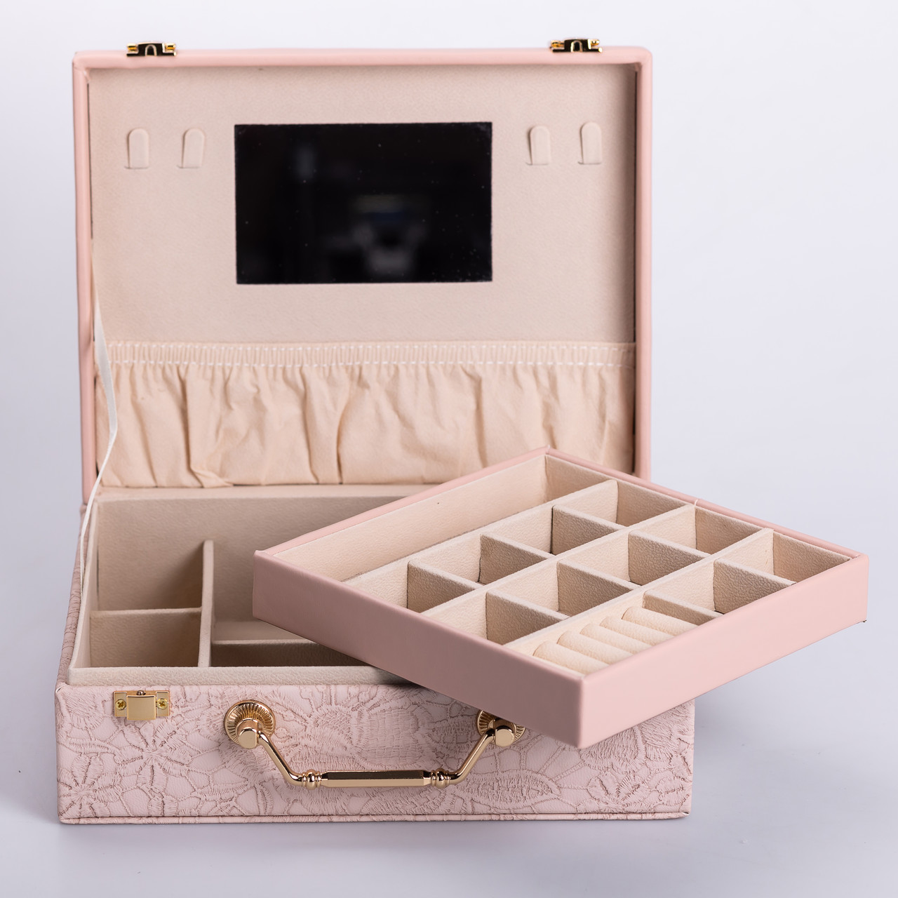 Скринька для прикрас з еко шкіри 2 яруси із дзеркалом органайзер для ювелірних виробів