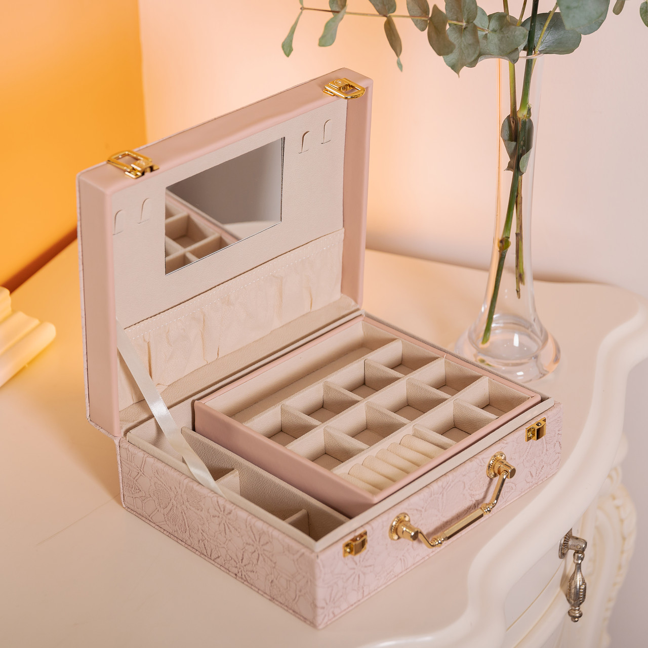 Скринька для прикрас з еко шкіри 2 яруси із дзеркалом органайзер для ювелірних виробів