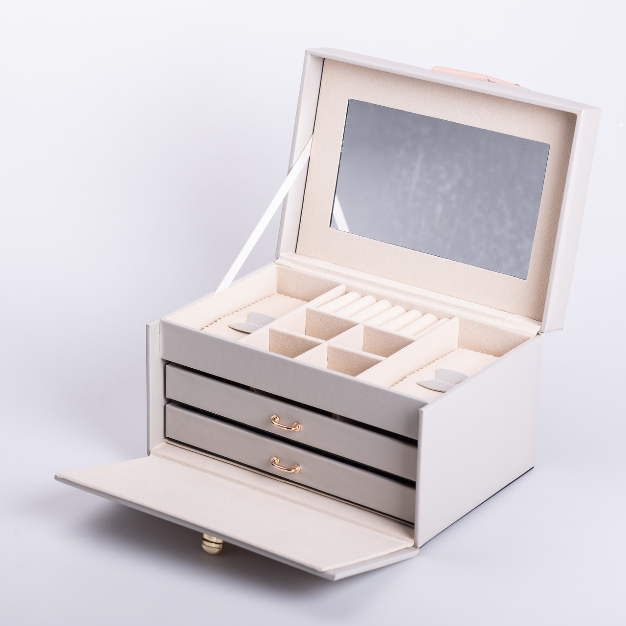 Скринька для прикрас з еко шкіри 3 яруси з дзеркалом органайзер для ювелірних виробів