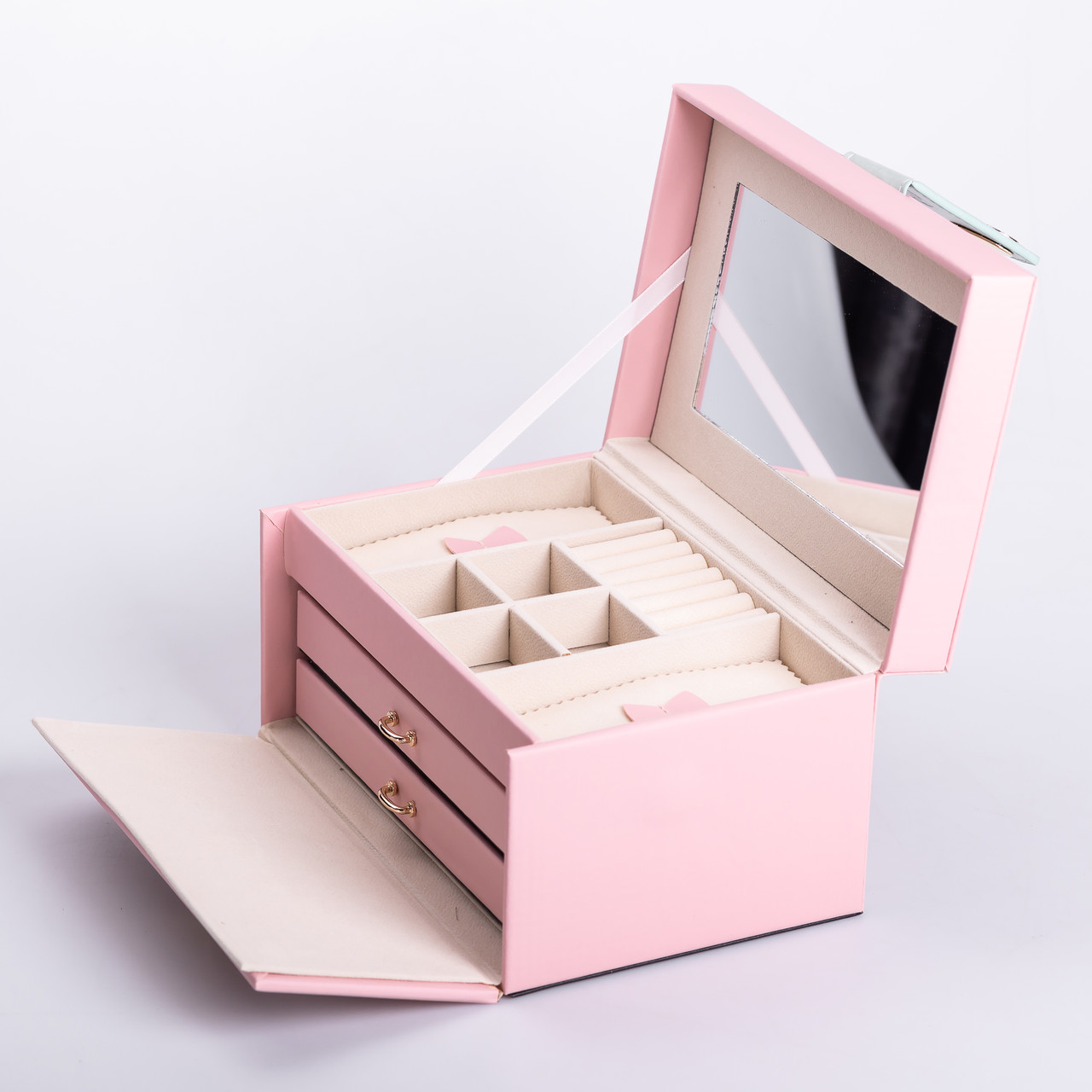 Скринька для прикрас з еко шкіри 3 яруси з дзеркалом органайзер для ювелірних виробів