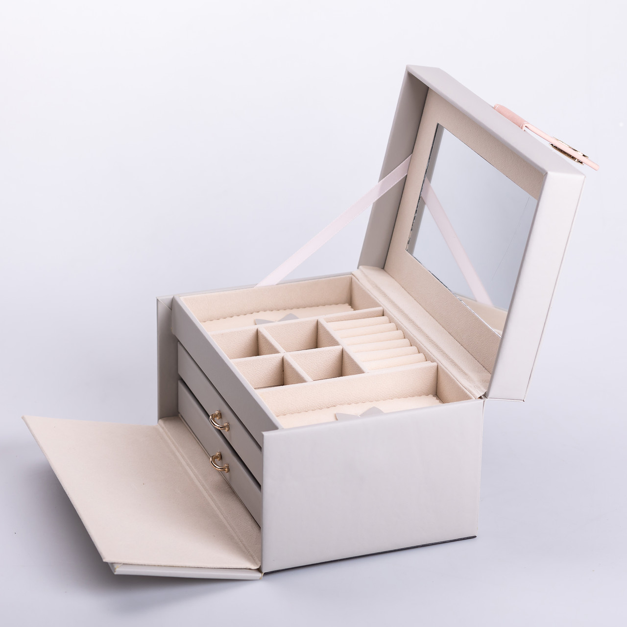 Скринька для прикрас з еко шкіри 3 яруси з дзеркалом органайзер для ювелірних виробів