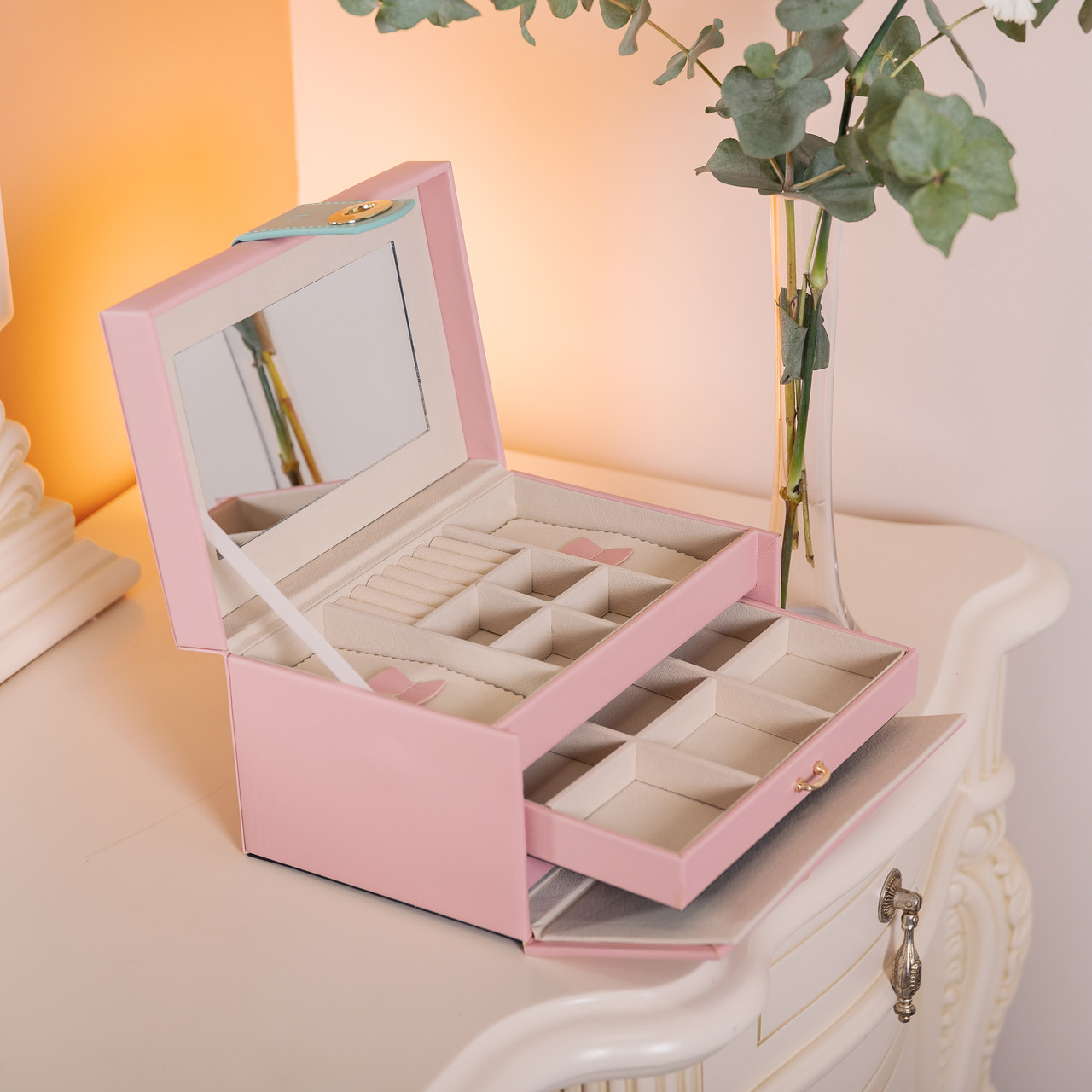 Скринька для прикрас з еко шкіри 3 яруси з дзеркалом органайзер для ювелірних виробів