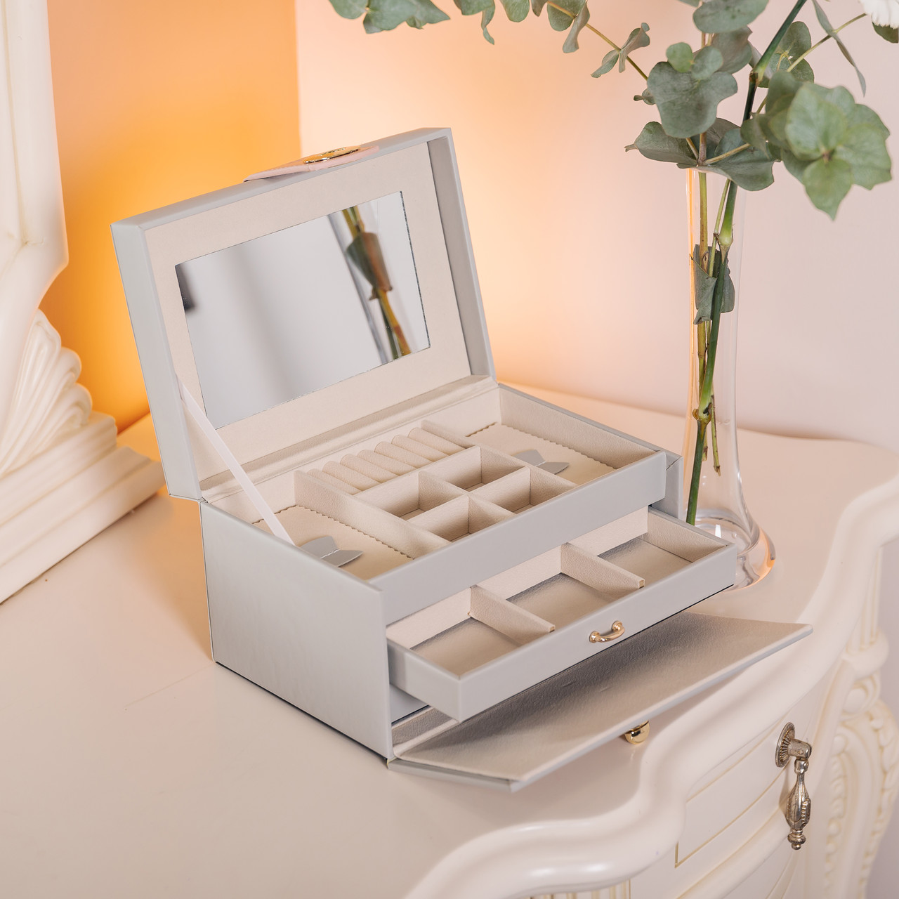 Скринька для прикрас з еко шкіри 3 яруси з дзеркалом органайзер для ювелірних виробів