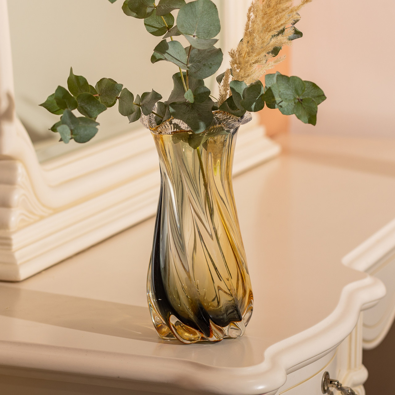 Ваза декоративна 30 см для квітів скляна фігурна ваза з кольорового скла 1.8 л Жовто-сіра