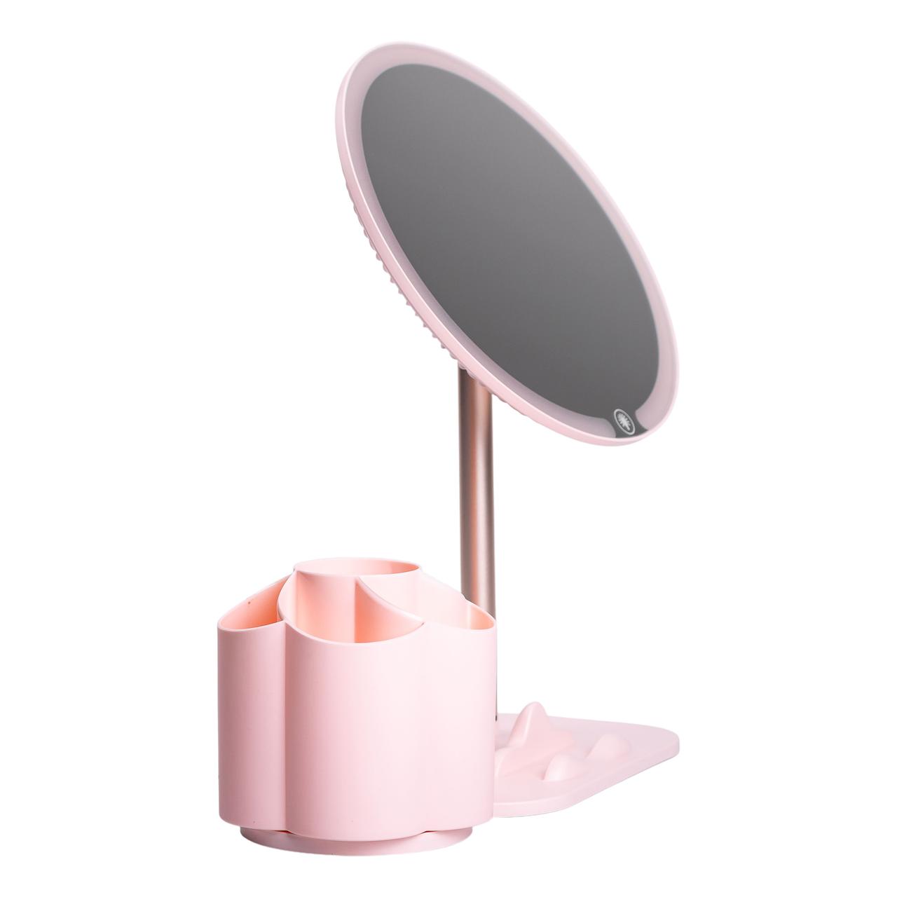Дзеркало для макіяжу з підсвічуванням кругле настільне Ø21 см з підставкою Рожеве