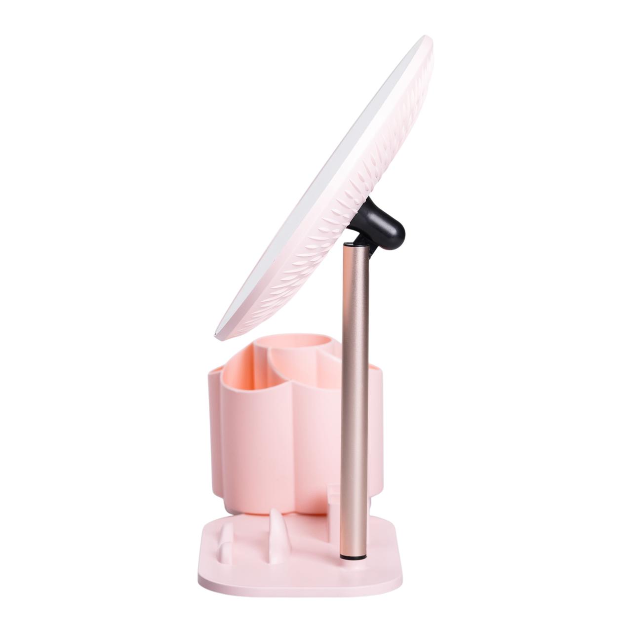 Дзеркало для макіяжу з підсвічуванням кругле настільне Ø21 см з підставкою Рожеве