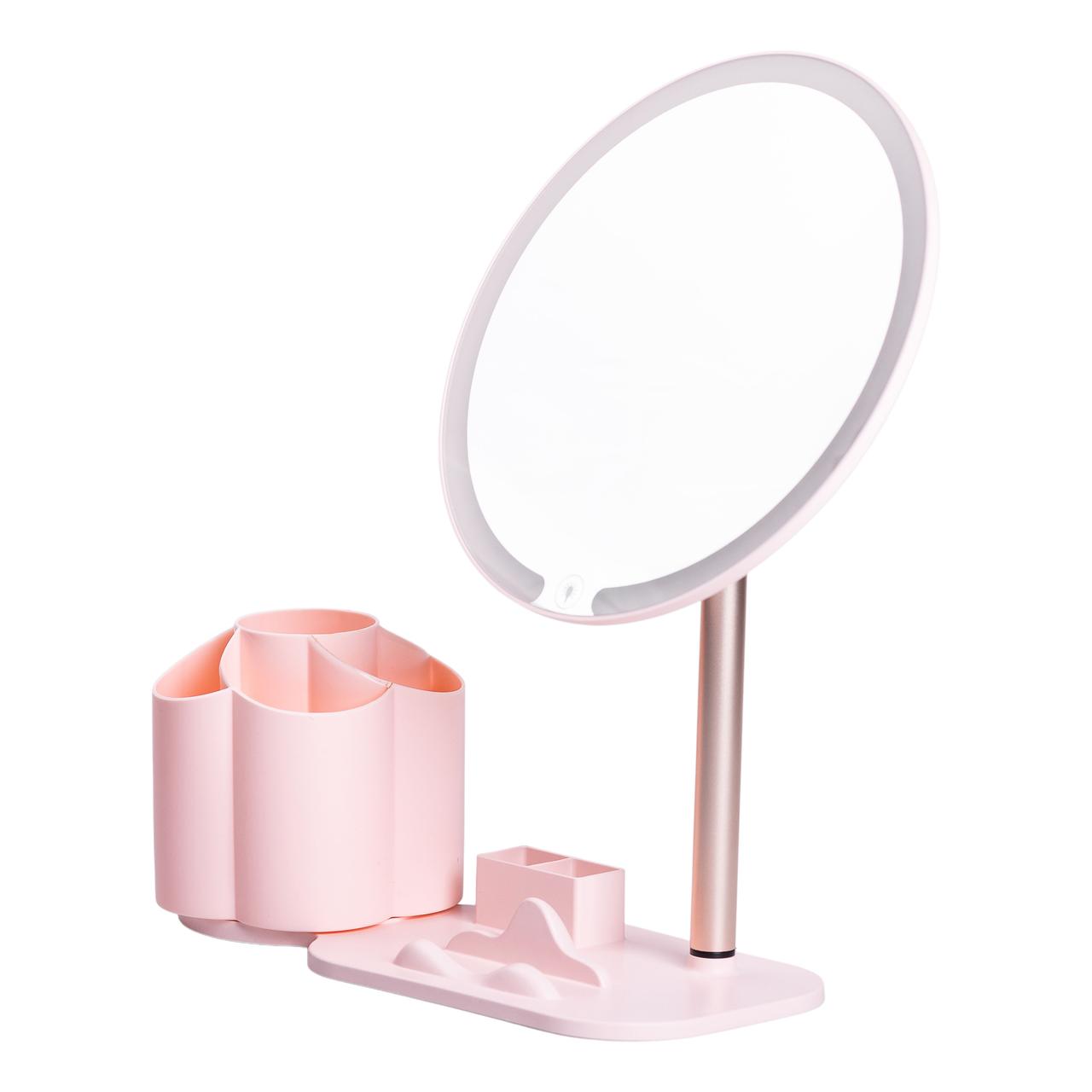 Дзеркало для макіяжу з підсвічуванням кругле настільне Ø21 см з підставкою Рожеве