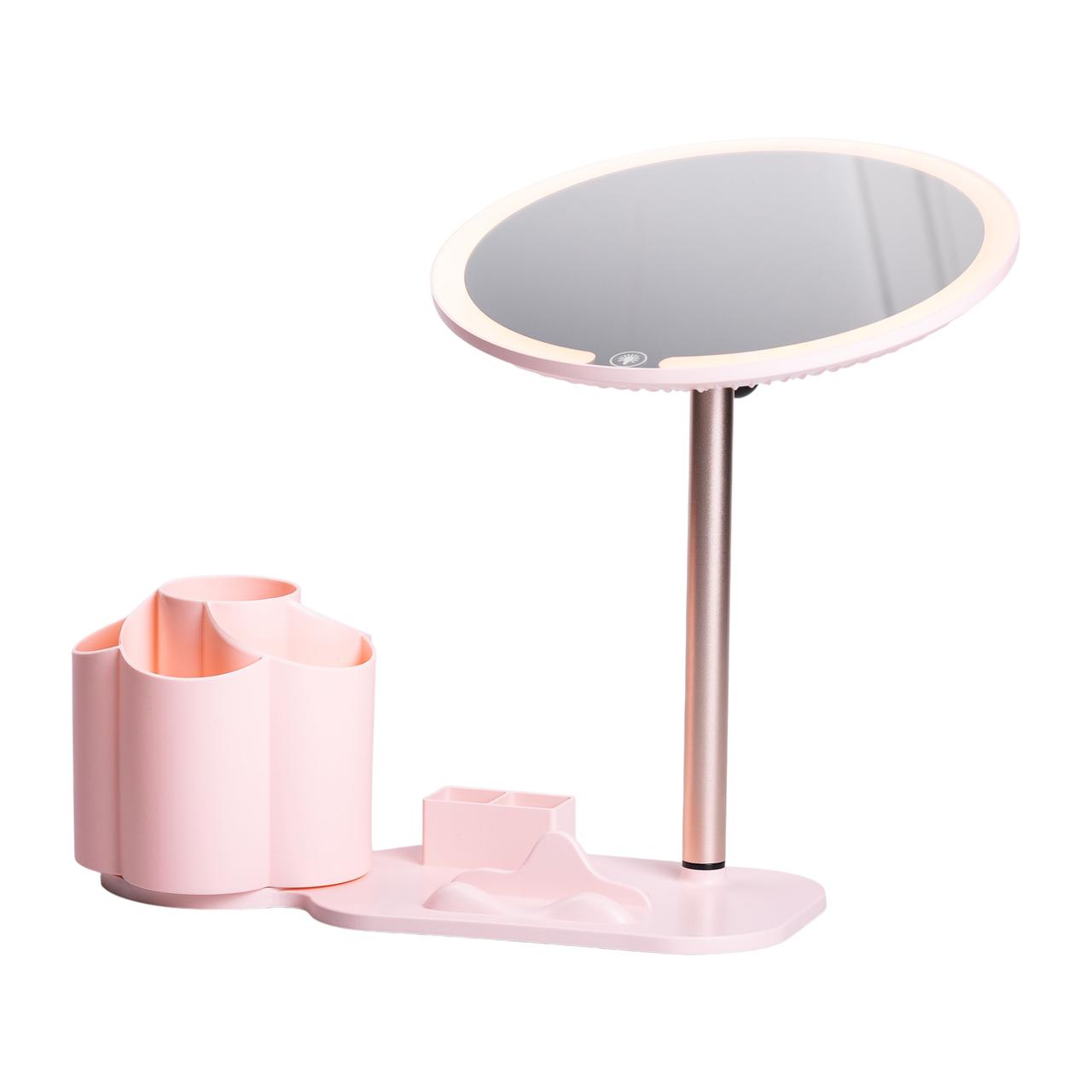 Дзеркало для макіяжу з підсвічуванням кругле настільне Ø21 см з підставкою Рожеве