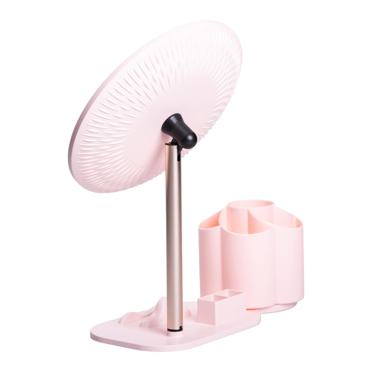 Дзеркало для макіяжу з підсвічуванням кругле настільне Ø21 см з підставкою Рожеве