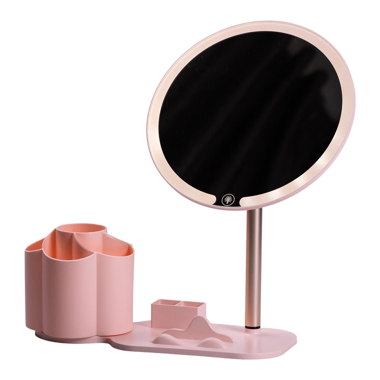 Дзеркало для макіяжу з підсвічуванням кругле настільне Ø21 см з підставкою Рожеве