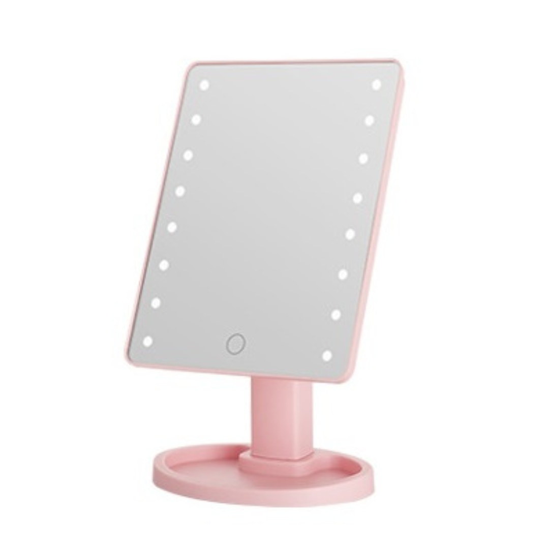 Дзеркало настільне косметичне для макіяжу 21х16 см дзеркало прямокутне на підставці 16 LED Рожеве