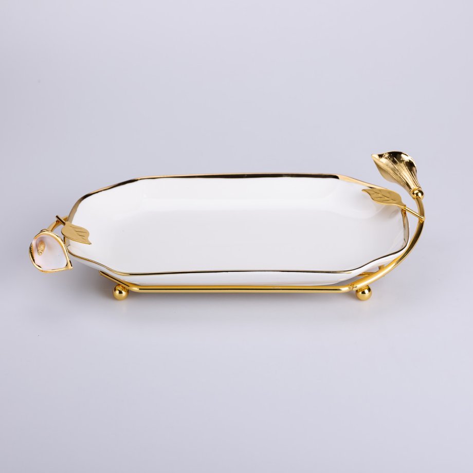 Керамічна фруктовниця на підставці 26×15×3.5 см Біла із золотом