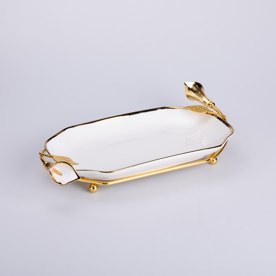 Керамічна фруктовниця на підставці 26×15×3.5 см Біла із золотом