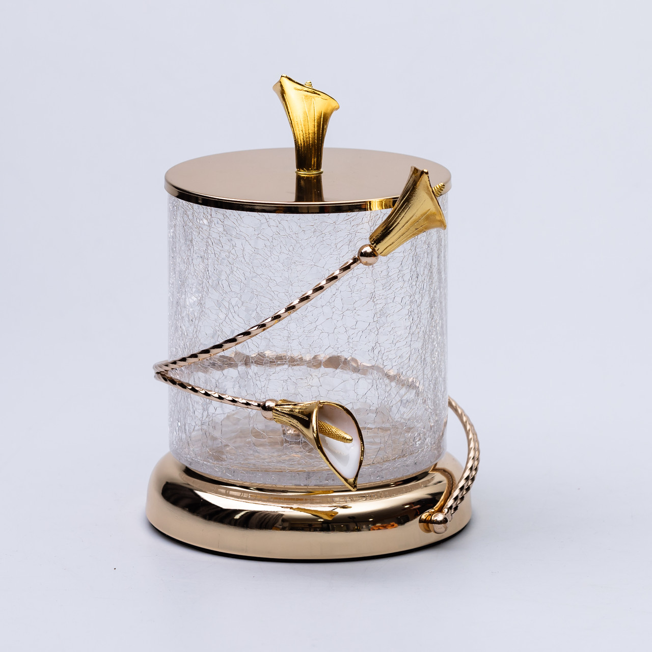 Цукерниця скляна 14×20 см з квітковим металевим декором цукерниця з кришкою