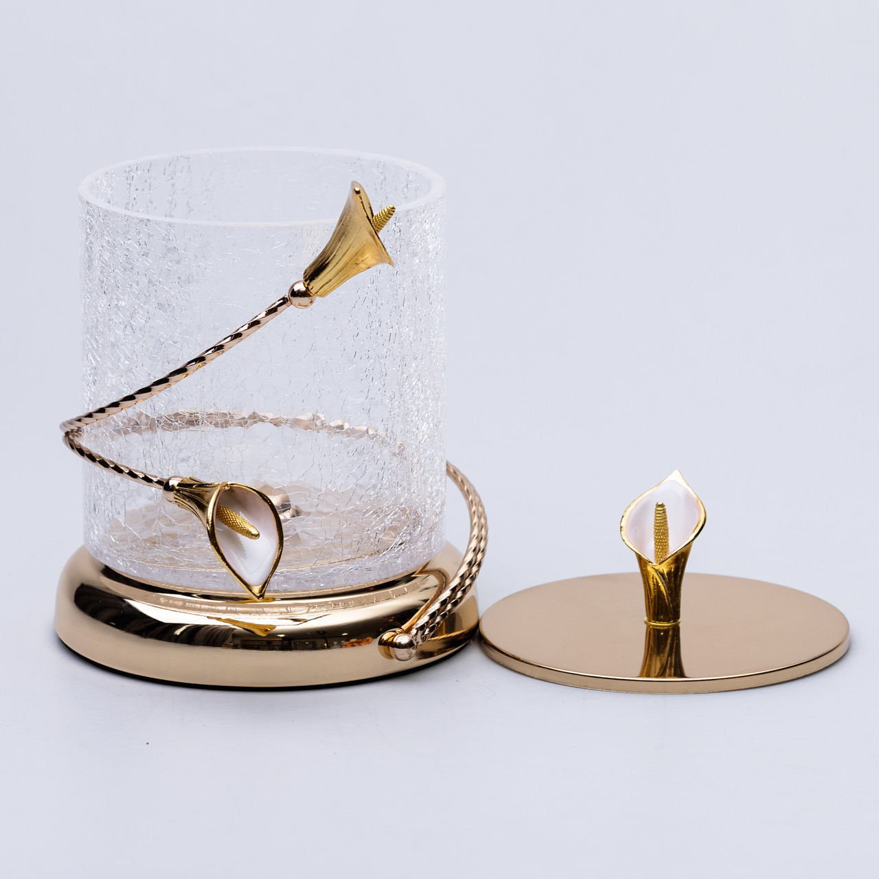 Цукерниця скляна 14×20 см з квітковим металевим декором цукерниця з кришкою