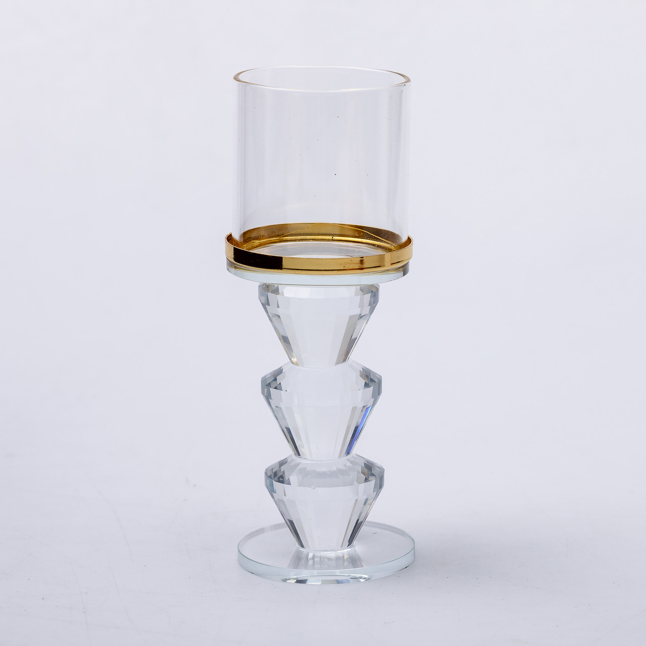 Підсвічник скляний на ніжці з золотою окантовкою 6×16.5 см підсвічник келих декоративний прозорий