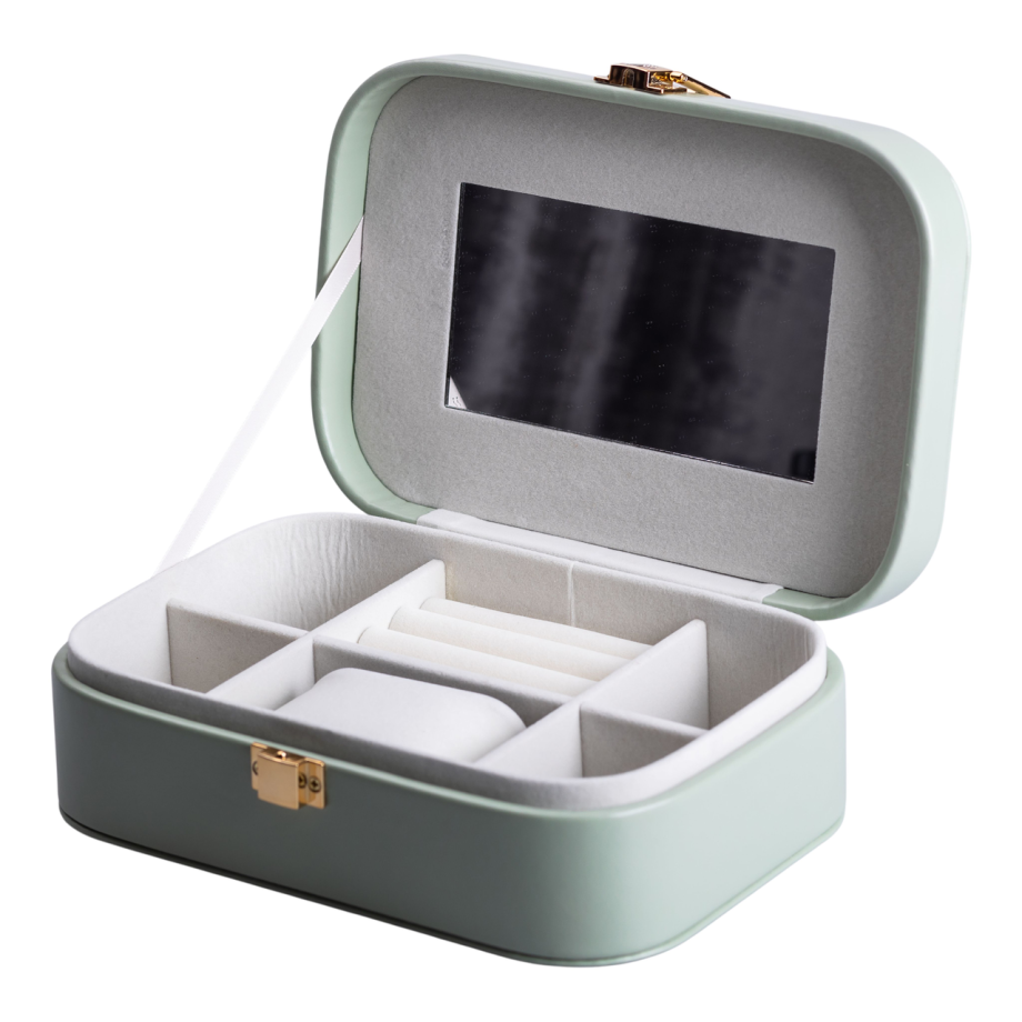 Скринька для прикрас з еко шкіри 20×14×7 см із дзеркалом органайзер для ювелірних виробів Зелена