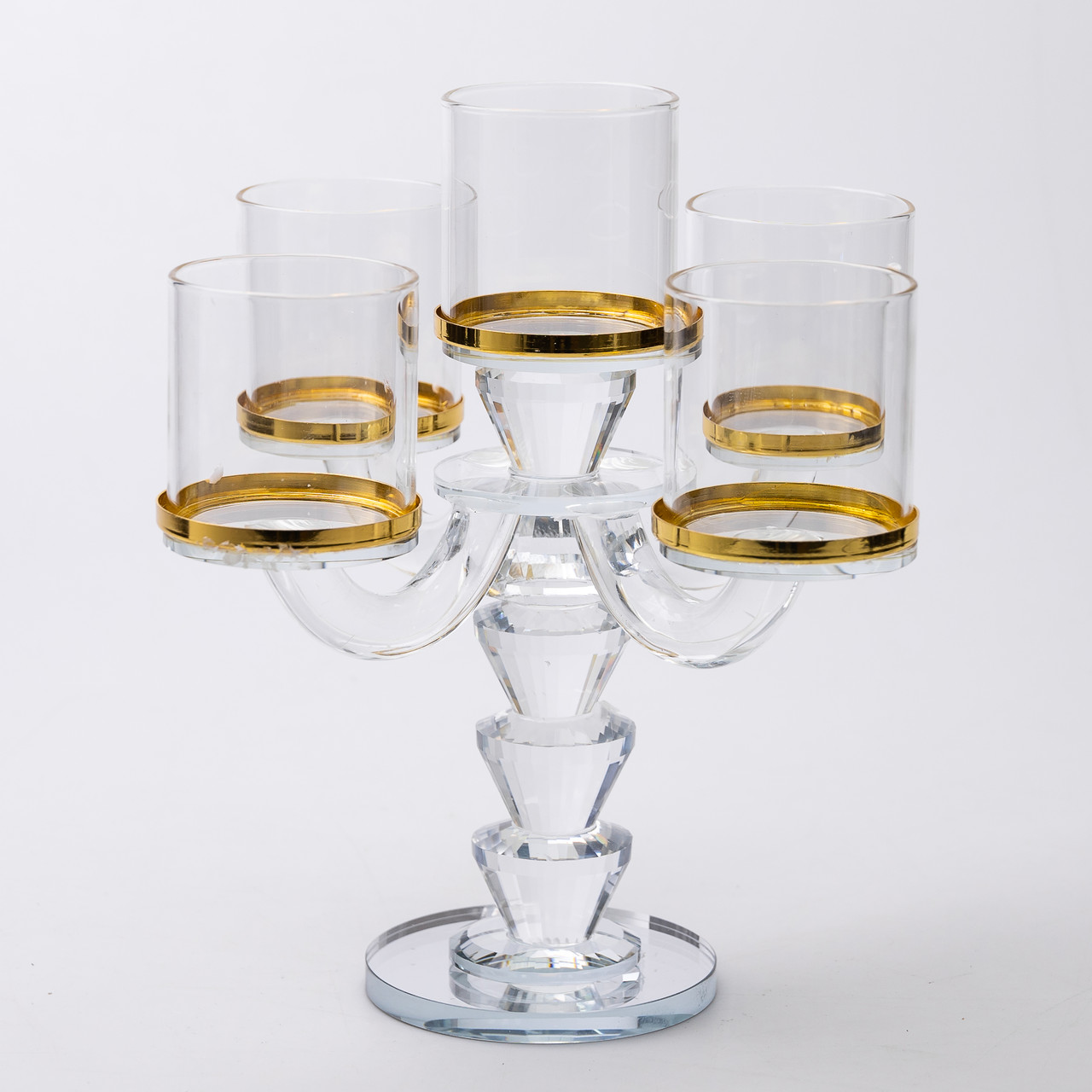Канделябр на 5 свічок 19×19×23 см підсвічник скляний декоративний із золотою окантовкою